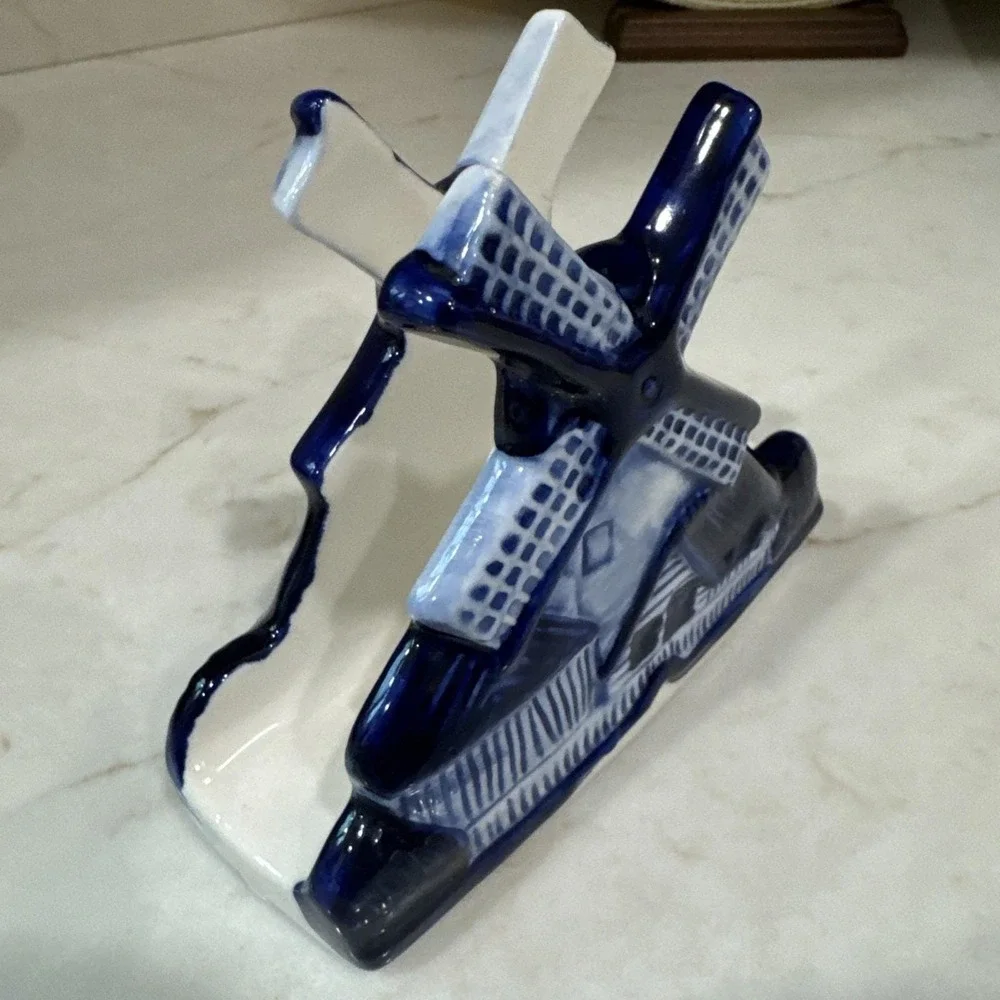 Vintage Delft Blue Holland Blue and White Windmill Shaped Napkin Holder